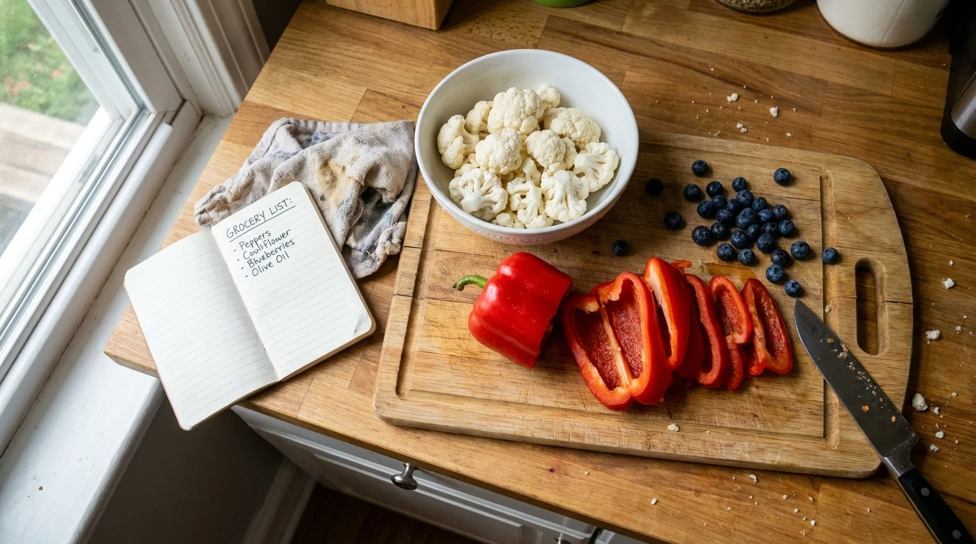 A top-down view of kidney-friendly foods like cauliflower and peppers on a cutting board with a grocery list.