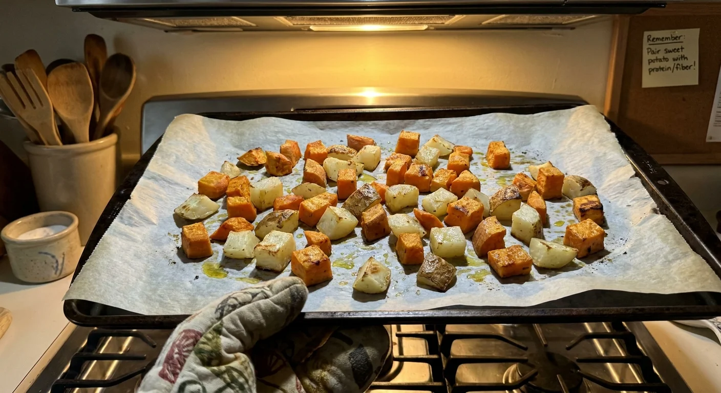 A tray of roasted sweet potato and white potato cubes fresh from the oven.