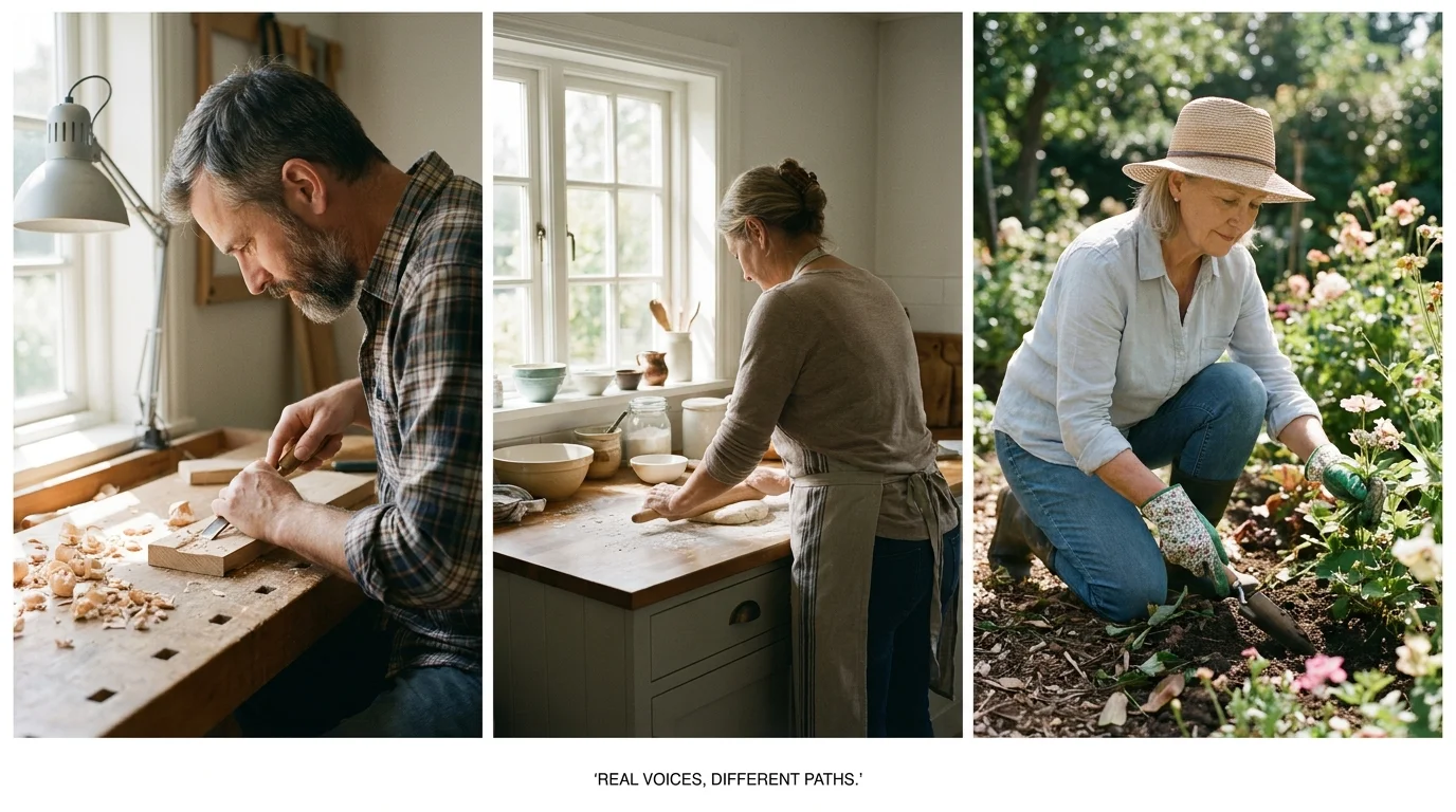A triptych of three diverse adults engaged in quiet hobbies, representing real experiences with aging and recovery.