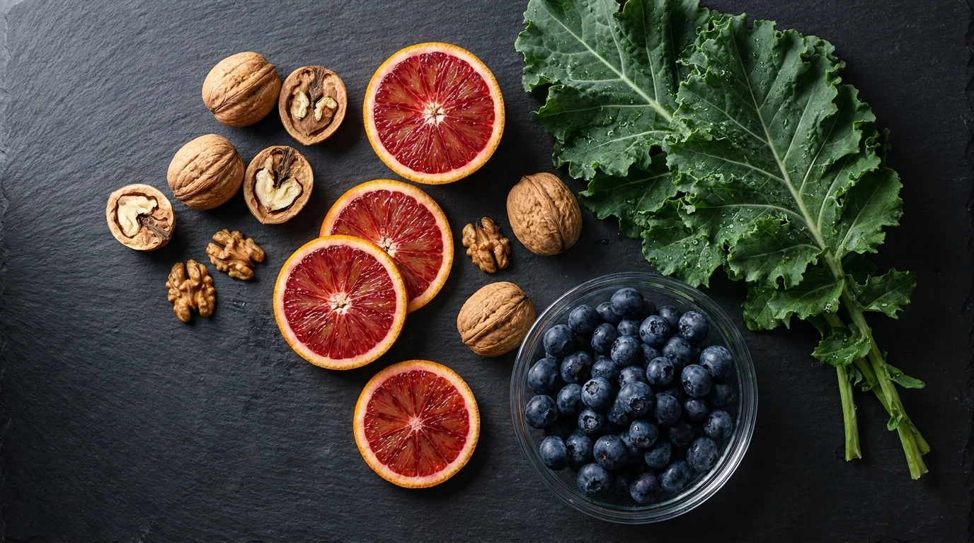A vibrant arrangement of kale, citrus, and walnuts on a dark surface, representing nutritional support for the immune system.