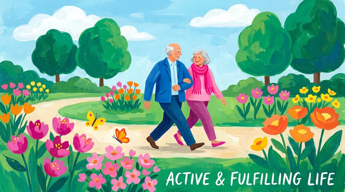 A vibrant gouache illustration of an active senior couple walking in a park, symbolizing a healthy life after thyroid diagnosis.