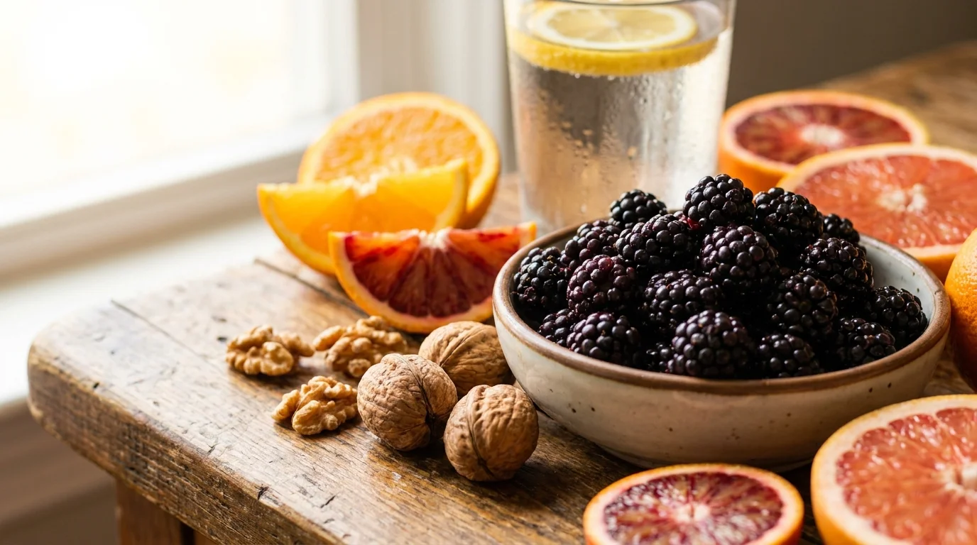 A vibrant still life of blackberries, walnuts, and citrus on a wooden table, representing vascular-healthy nutrition.