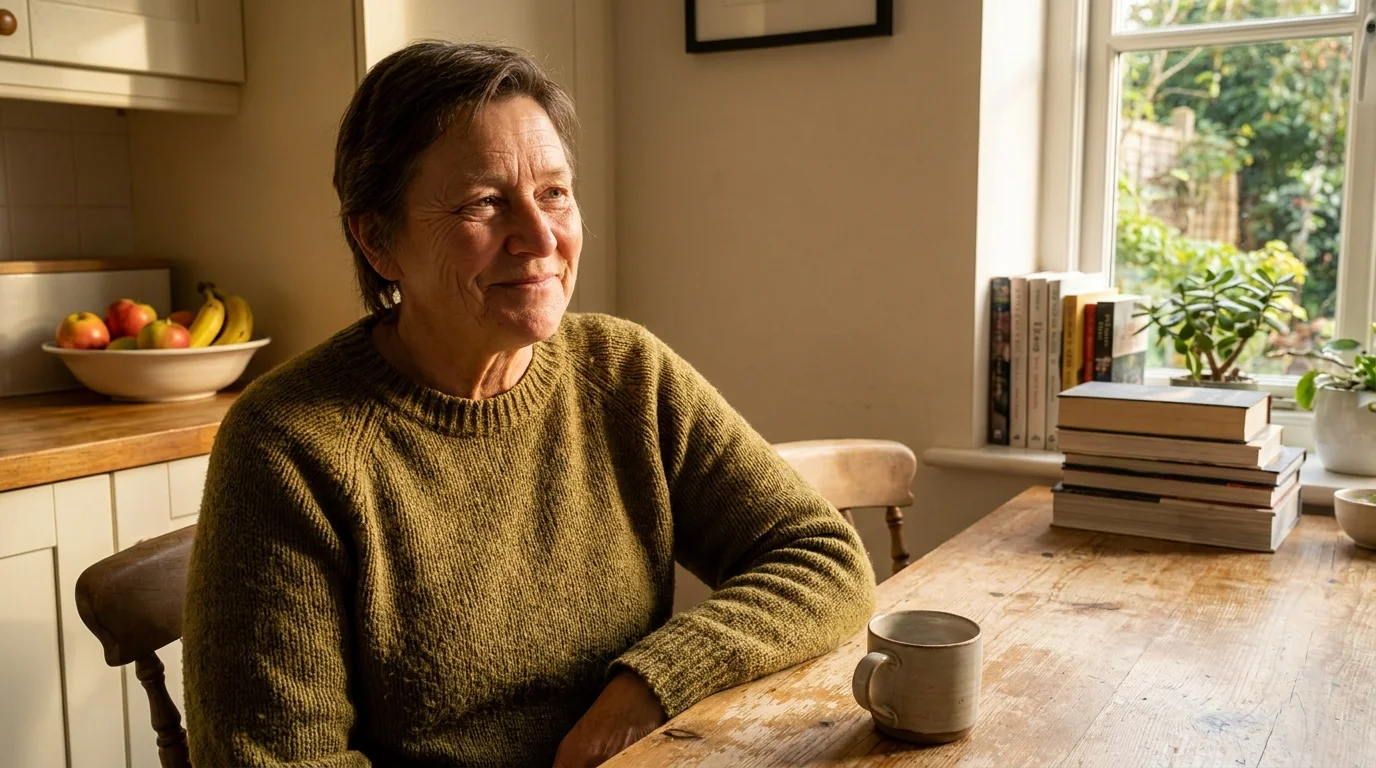 A warm, natural portrait of a middle-aged person sitting in their kitchen, looking hopeful.
