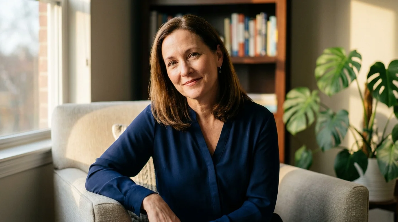 A warm portrait of a female healthcare professional in a relaxed office setting, representing clinical expertise.