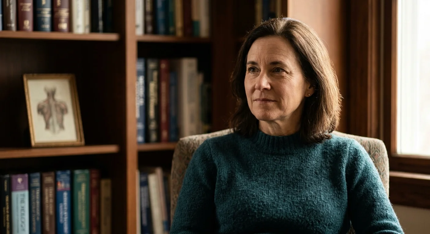 A warm, professional portrait of a female doctor in a library-like office, looking empathetic and attentive.