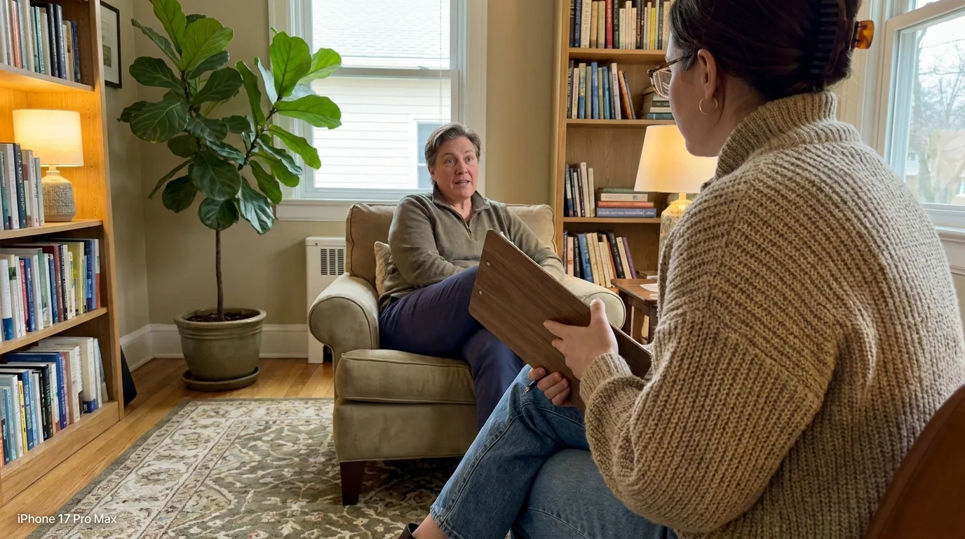 A warm, supportive meeting between a patient and a healthcare provider in a comfortable room with bookshelves and plants.