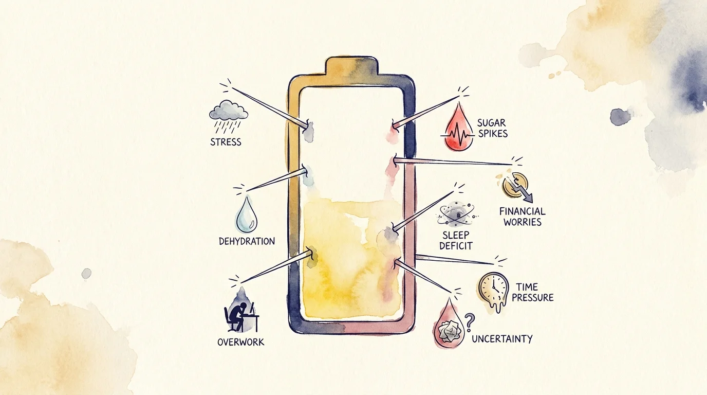 A watercolor illustration of a battery with eight small leaks, symbolizing the hidden factors that drain daily energy.