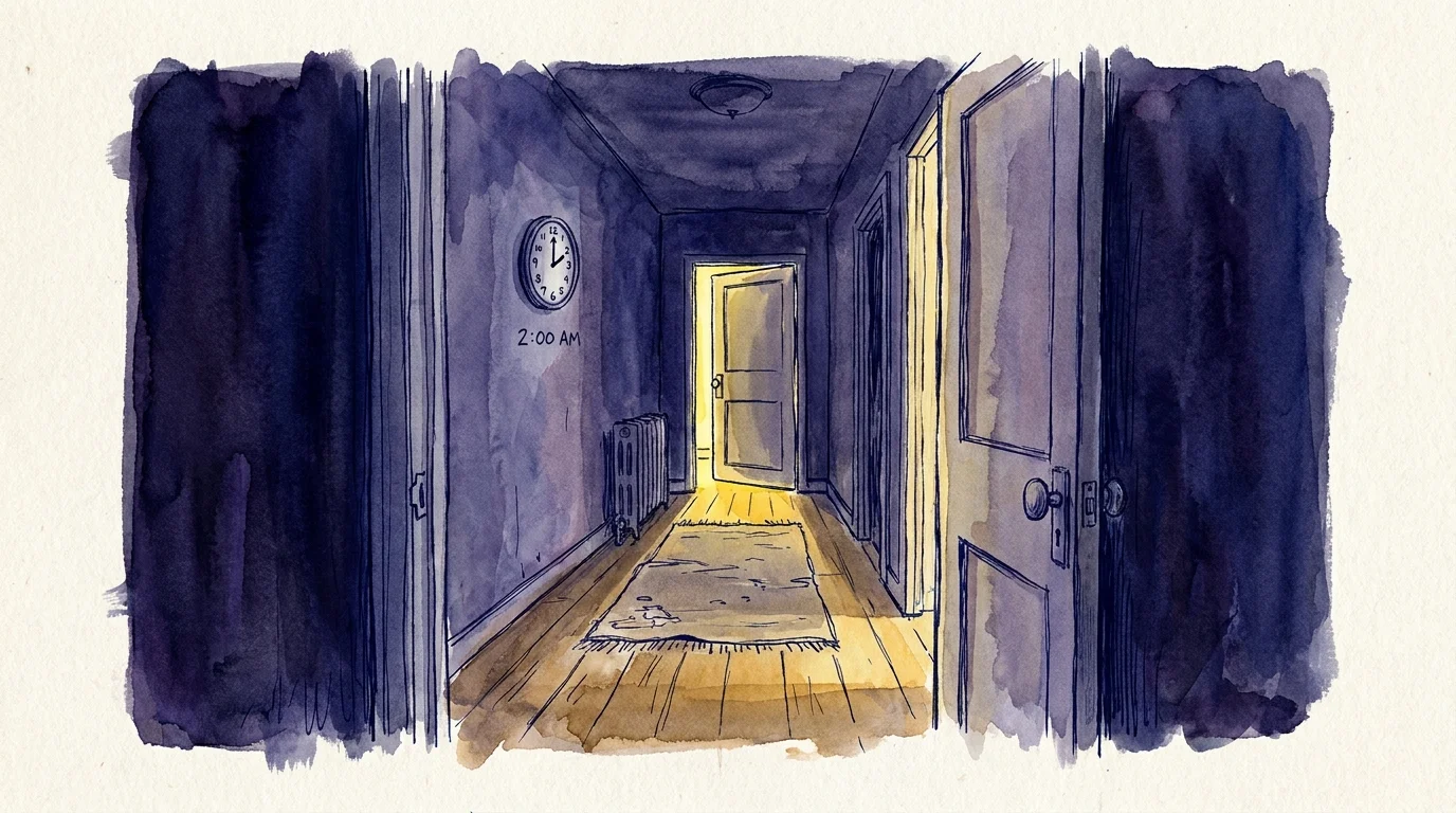 A watercolor illustration of a dark hallway at night with a bright light shining from under a bathroom door.