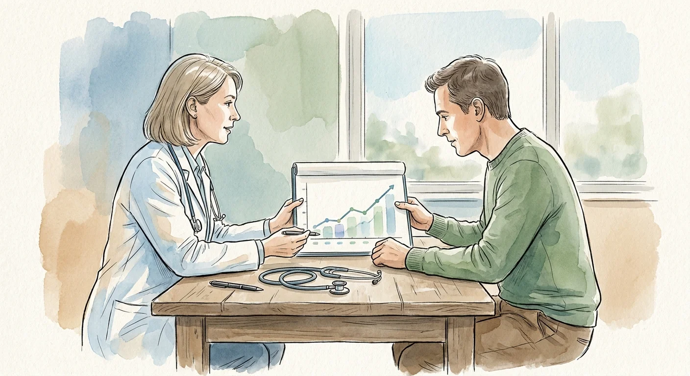 A watercolor illustration of a doctor and patient looking at a health chart together in a collaborative meeting.
