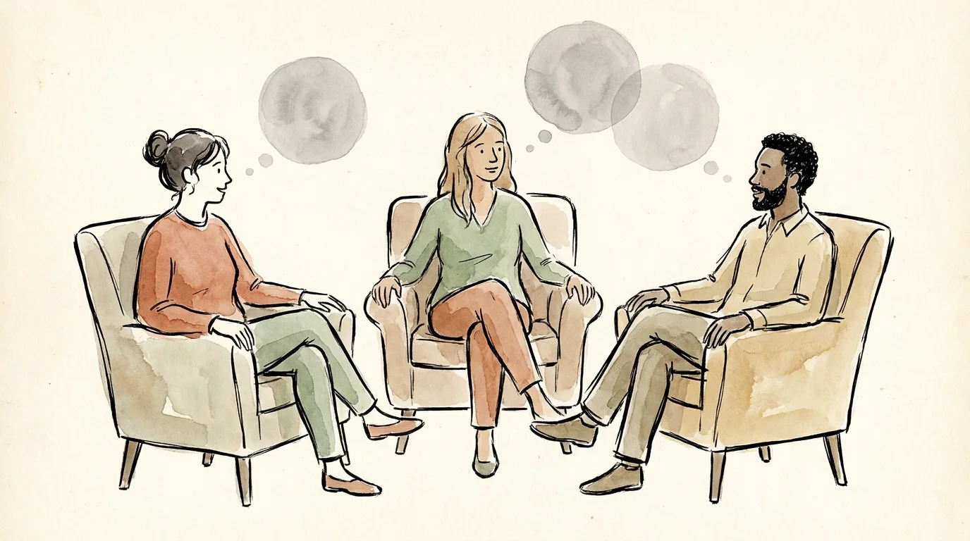 A watercolor illustration of a group of people sitting in a circle and talking, representing a community sharing health insights.