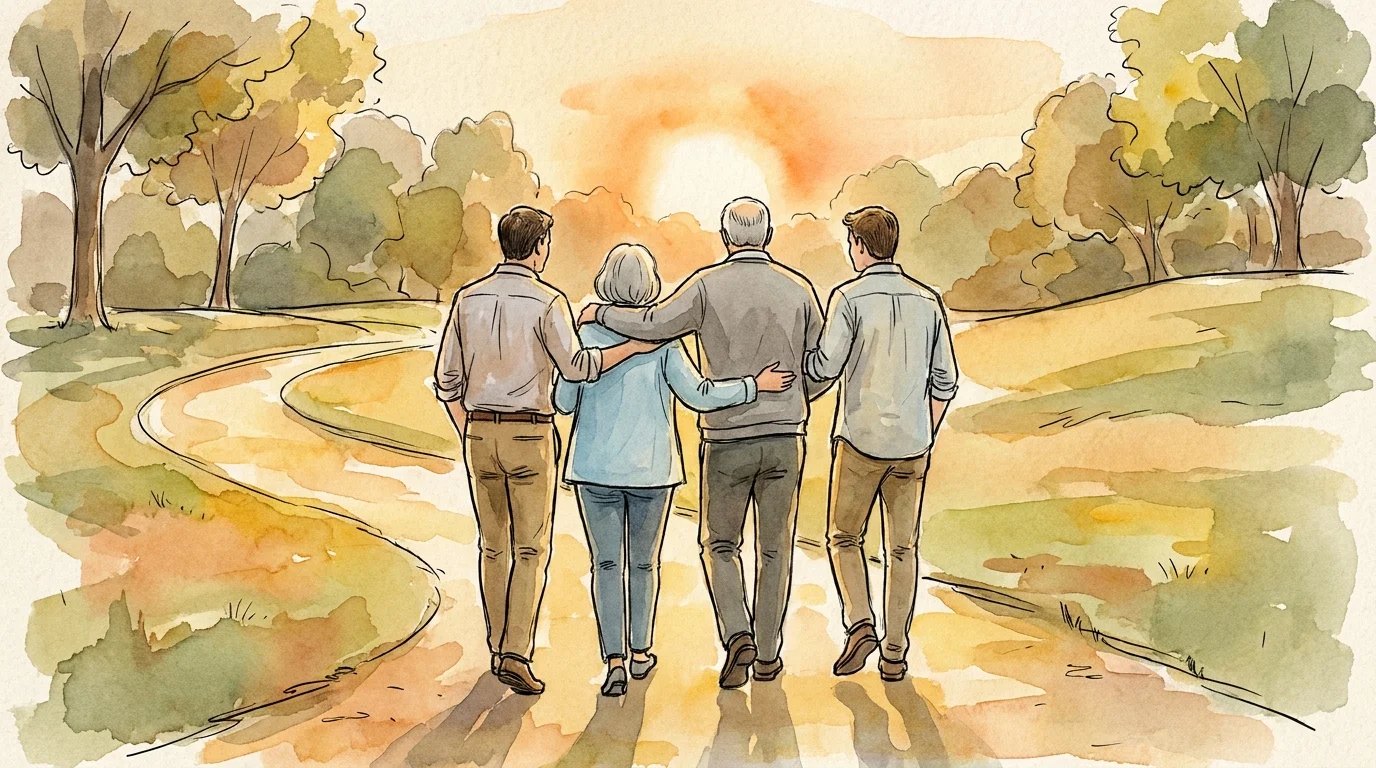 A watercolor illustration of a group of people walking together in support along a park path.