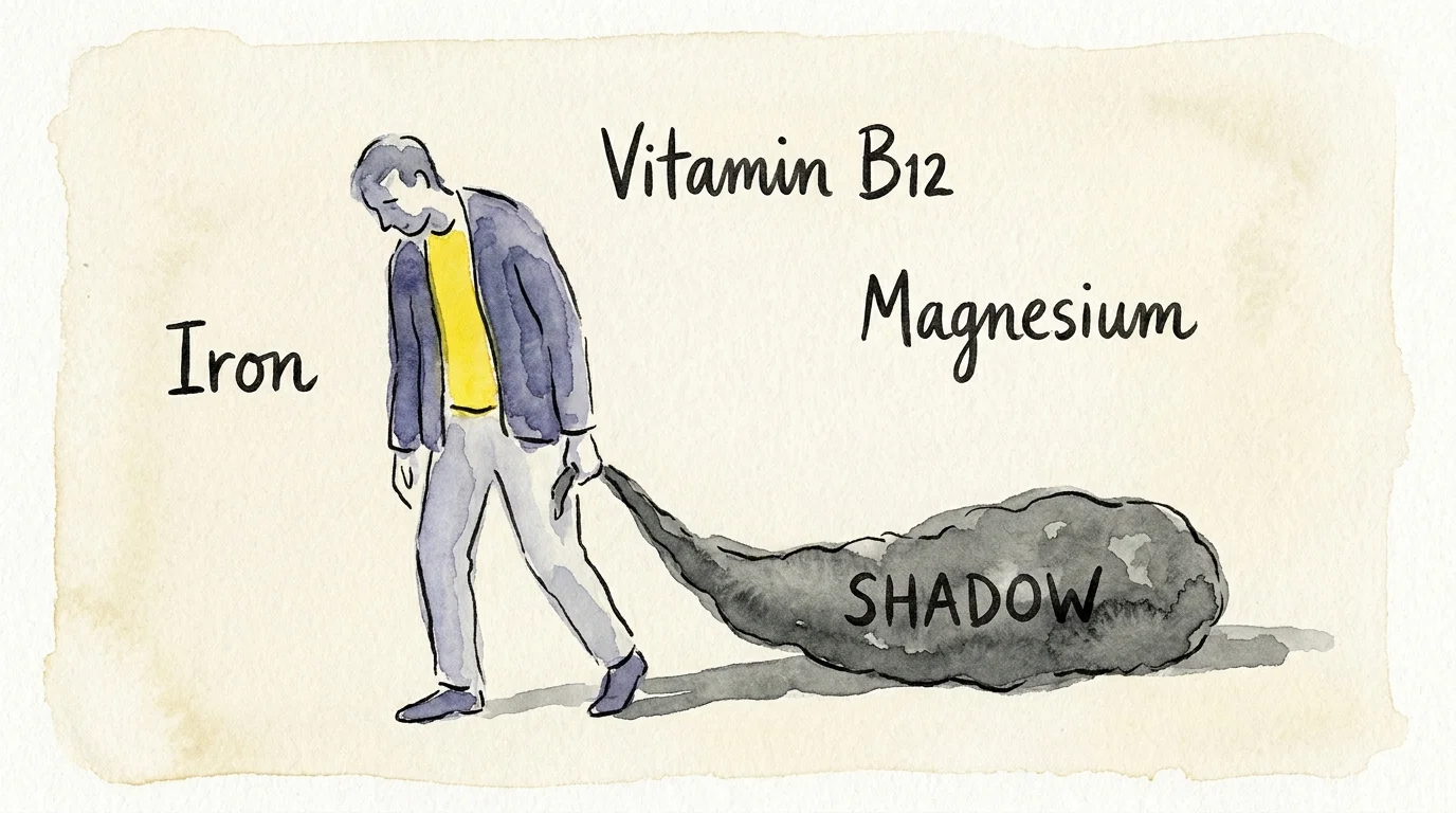 A watercolor illustration of a person being weighed down by a heavy shadow, symbolizing the burden of unexplained fatigue.