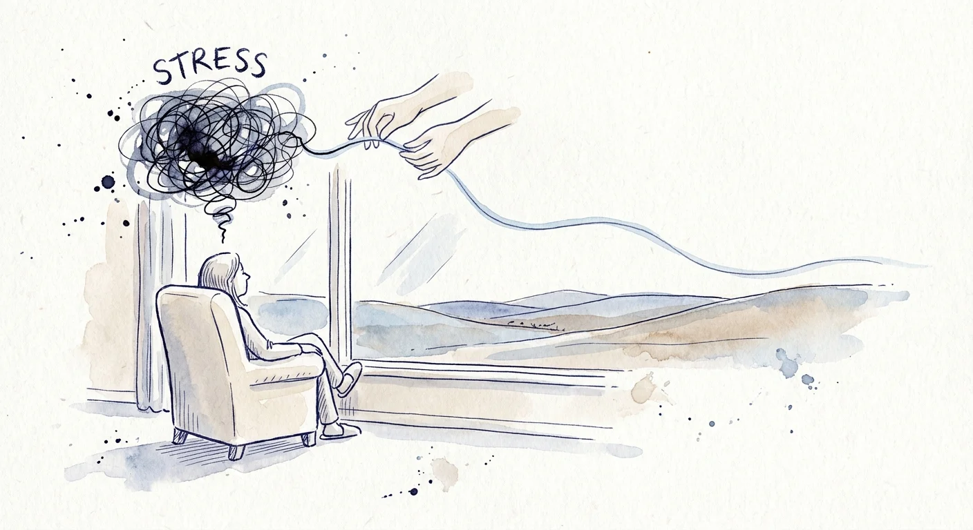 A watercolor illustration of a person sitting by a window, with a chaotic ink cloud being smoothed into a calm blue line.