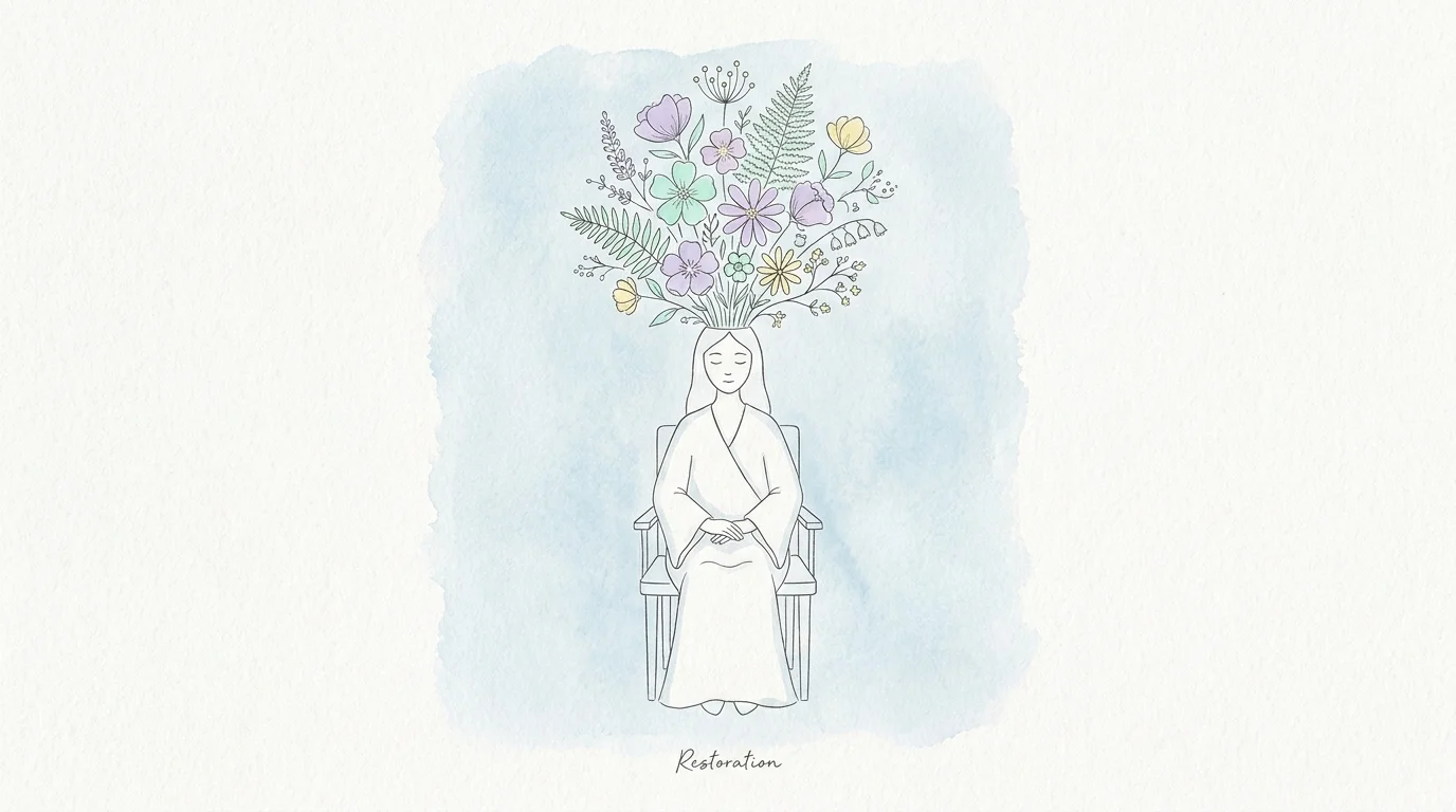 A watercolor illustration of a person with flowers growing from their mind, representing a restorative mindset.