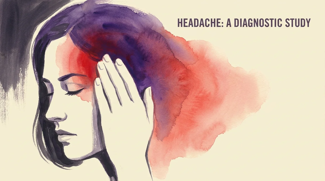 A watercolor illustration of a person's profile with a red and purple wash over the temple area, representing a headache.