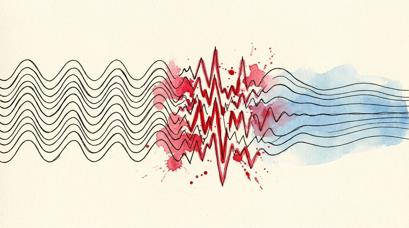 A watercolor illustration of a pulse line that becomes irregular and red in the center, symbolizing heart palpitations.