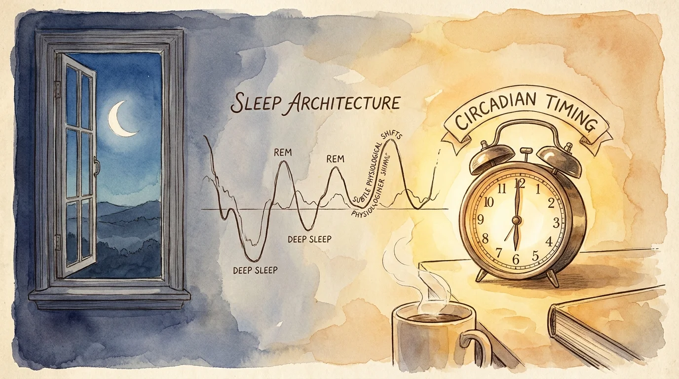 A watercolor illustration of a sleep cycle graph overlaid on a bedroom scene showing the transition from night to morning.