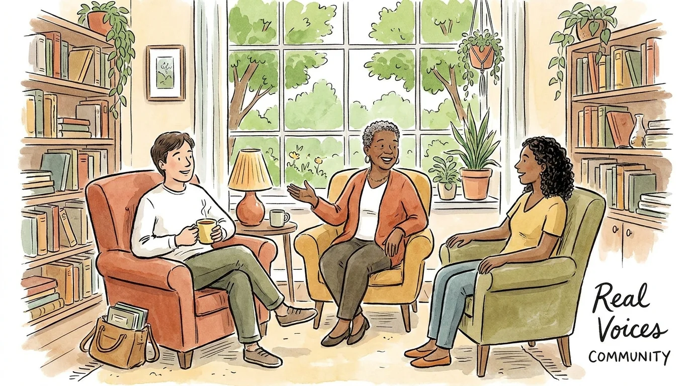 A watercolor illustration of people in a comfortable room talking together in a support group setting.