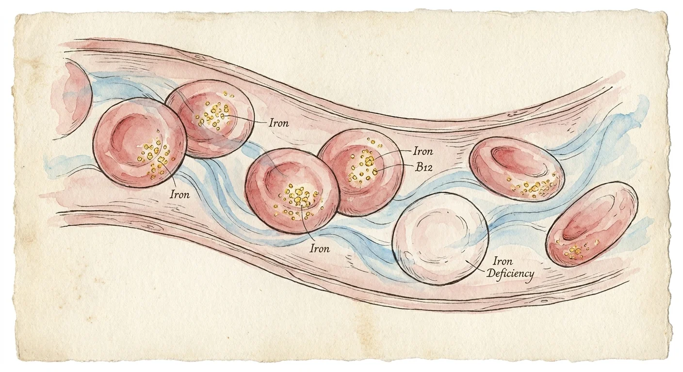 A watercolor illustration of red blood cells carrying oxygen and iron through a capillary.