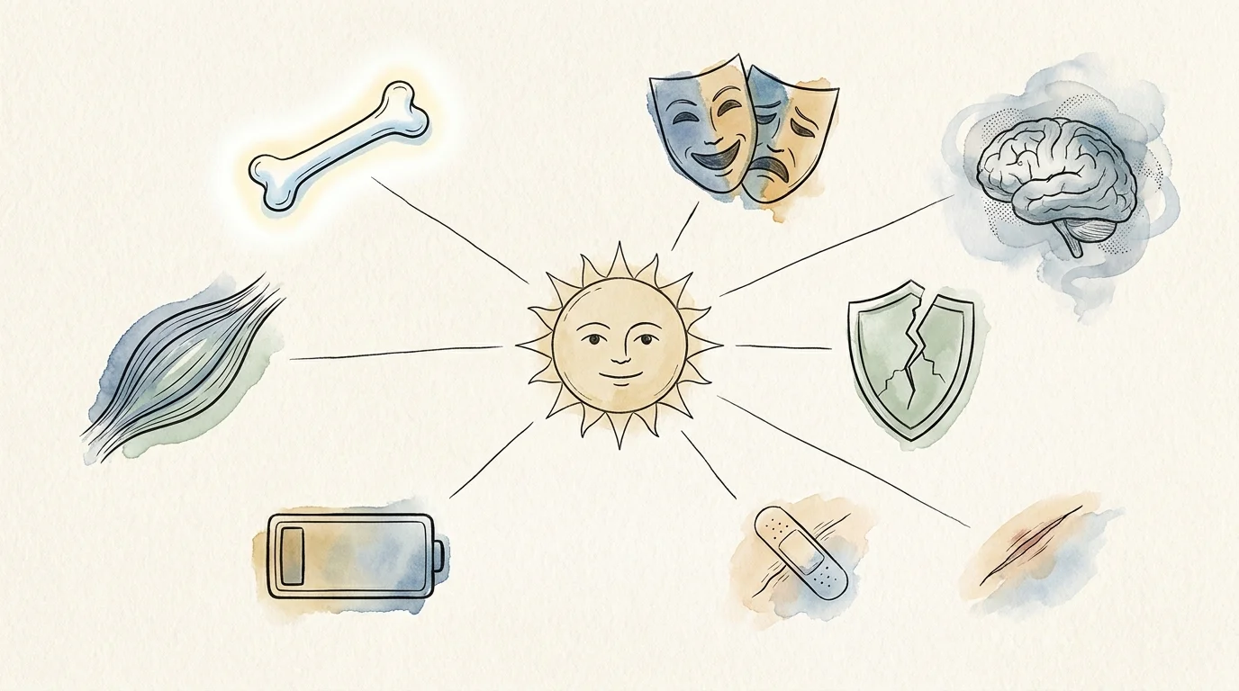A watercolor illustration showing seven icons connected to a sun, symbolizing the various symptoms of vitamin D deficiency.