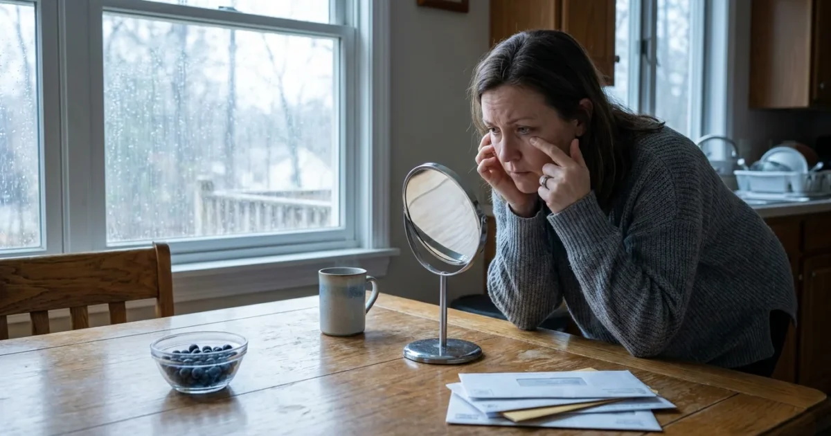 A woman at a kitchen table looking in a small mirror to check her eyes, reflecting a moment of quiet self-health assessment.