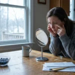 A woman at a kitchen table looking in a small mirror to check her eyes, reflecting a moment of quiet self-health assessment.
