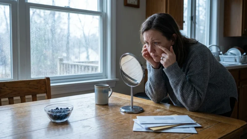 A woman at a kitchen table looking in a small mirror to check her eyes, reflecting a moment of quiet self-health assessment.