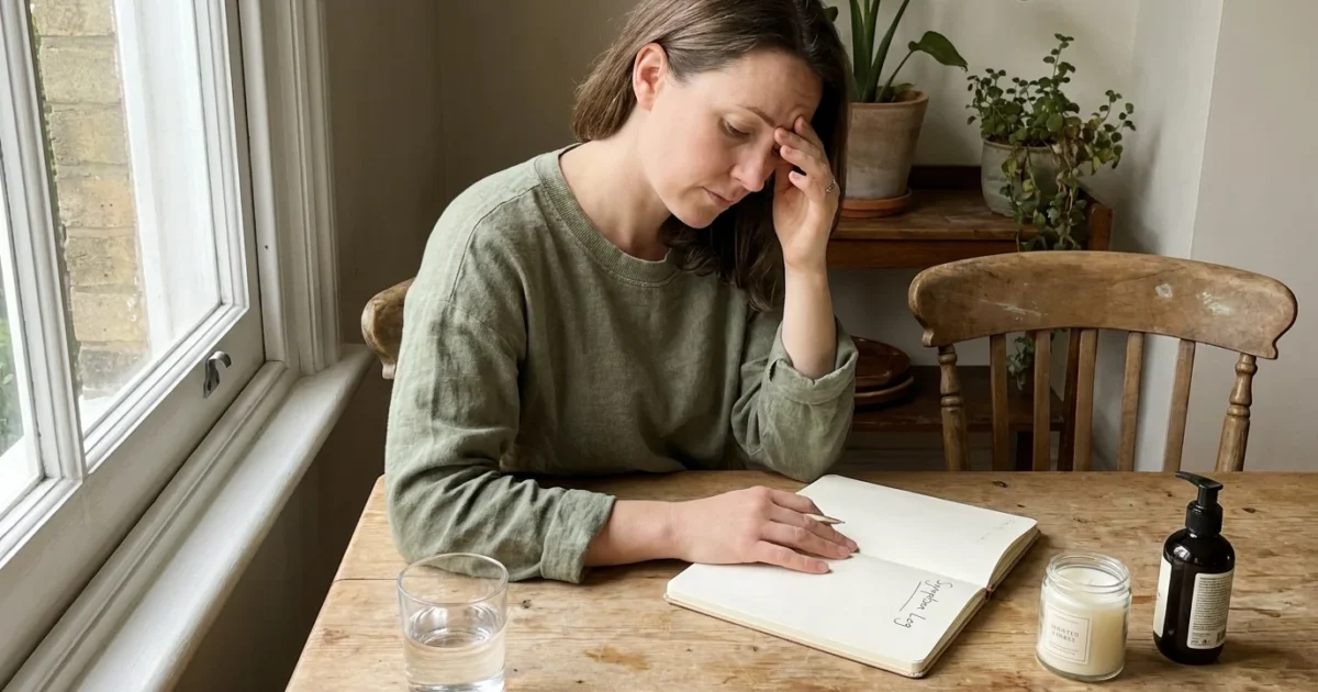 A woman at a kitchen table rubs her temple while looking at a symptom logbook, surrounded by household items like a candle and lotion.