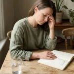 A woman at a kitchen table rubs her temple while looking at a symptom logbook, surrounded by household items like a candle and lotion.