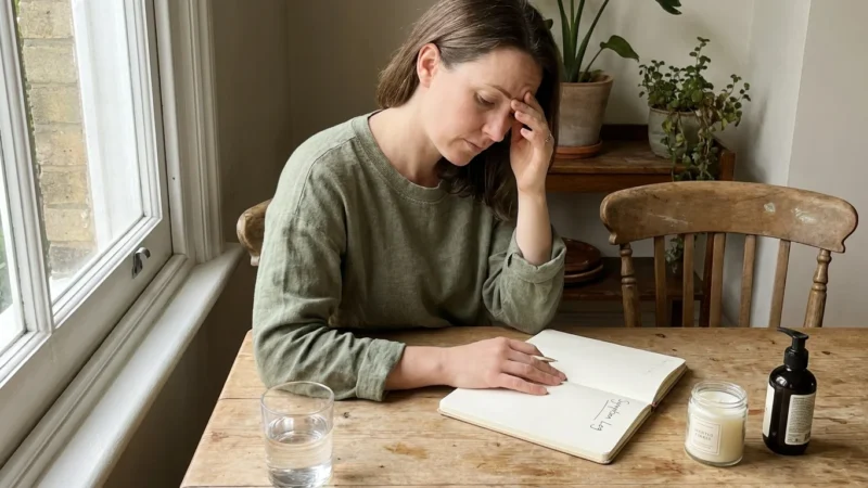 A woman at a kitchen table rubs her temple while looking at a symptom logbook, surrounded by household items like a candle and lotion.