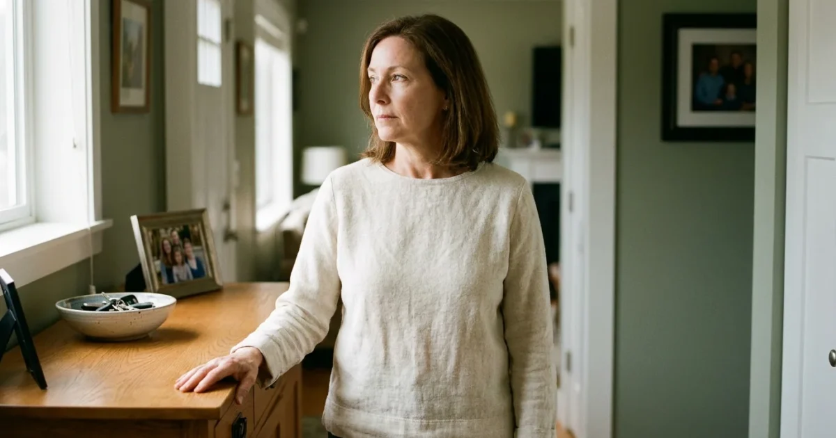 A woman in her 50s pausing thoughtfully in a sunlit hallway, representing the quiet awareness of bodily recovery.