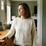 A woman in her 50s pausing thoughtfully in a sunlit hallway, representing the quiet awareness of bodily recovery.