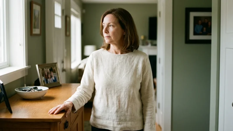 A woman in her 50s pausing thoughtfully in a sunlit hallway, representing the quiet awareness of bodily recovery.