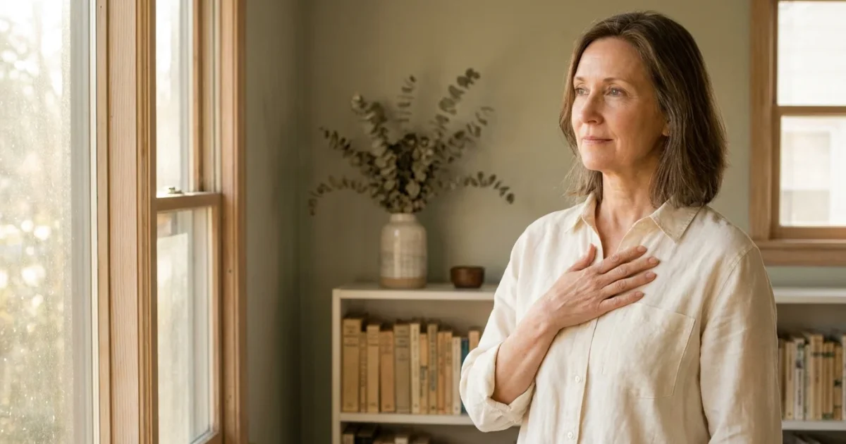 A woman in her 50s standing by a sunlit window, resting her hand over her heart in a moment of quiet reflection.