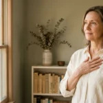 A woman in her 50s standing by a sunlit window, resting her hand over her heart in a moment of quiet reflection.