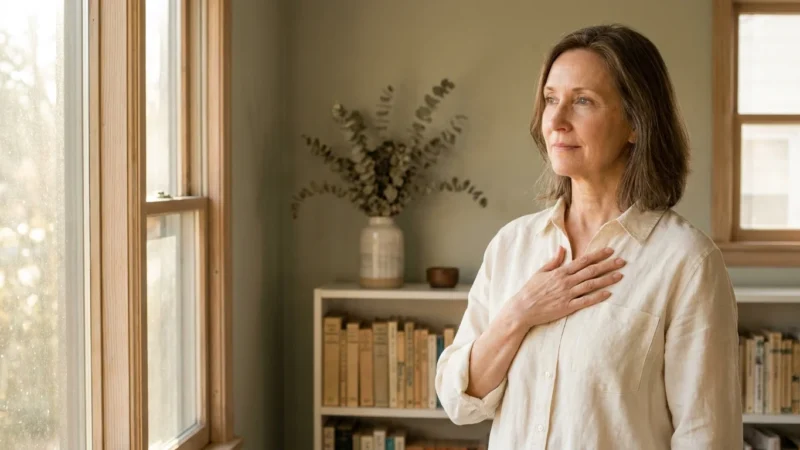 A woman in her 50s standing by a sunlit window, resting her hand over her heart in a moment of quiet reflection.