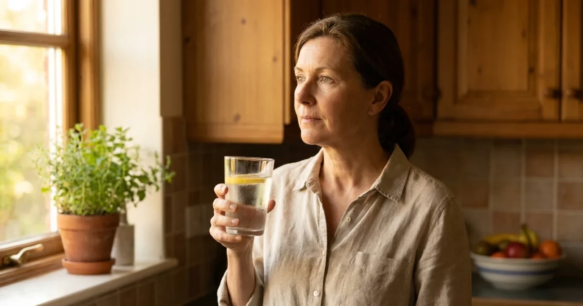 A woman in her 50s stands in a sunlit kitchen holding a glass of lemon water, looking out a window with a thoughtful expression.