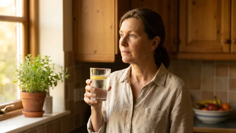 A woman in her 50s stands in a sunlit kitchen holding a glass of lemon water, looking out a window with a thoughtful expression.