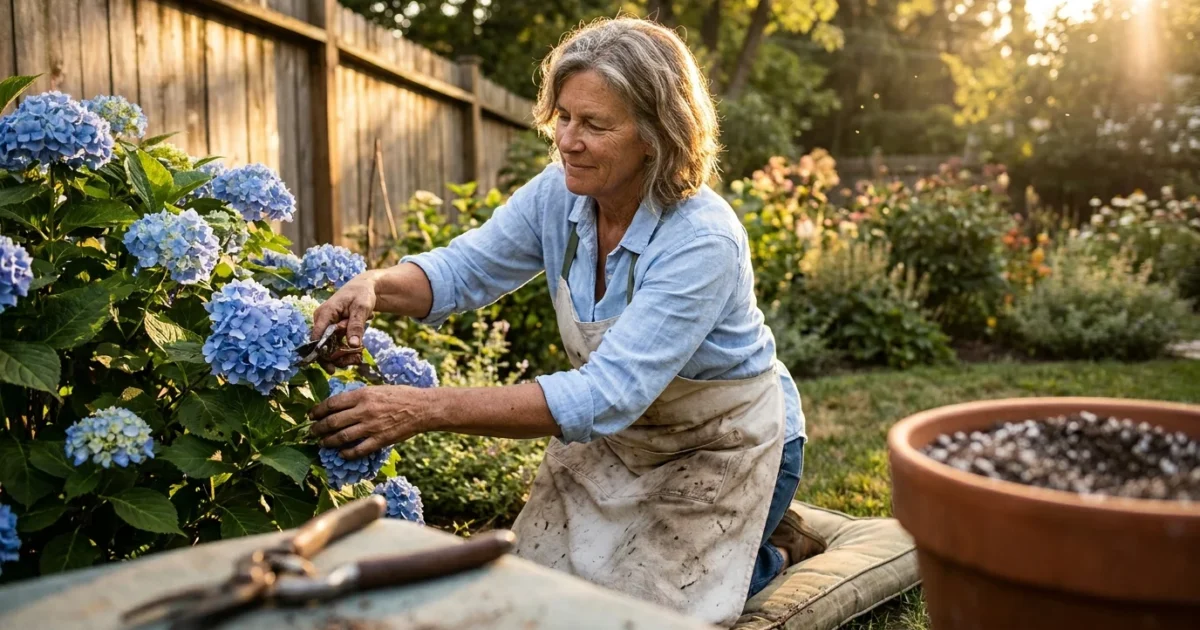 A woman in her 60s gardening in a sun-drenched backyard, focusing on her active and fulfilling lifestyle.