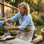 A woman in her 60s gardening in a sun-drenched backyard, focusing on her active and fulfilling lifestyle.