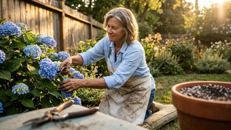 A woman in her 60s gardening in a sun-drenched backyard, focusing on her active and fulfilling lifestyle.