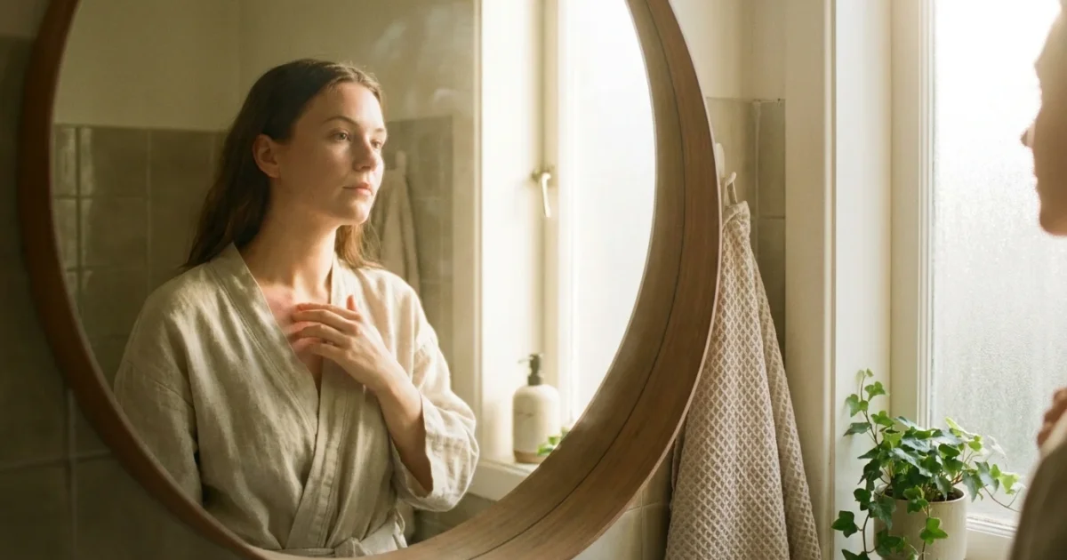 A woman looks in a bathroom mirror and touches a faint stress-related rash on her neck in the morning light.
