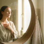 A woman looks in a bathroom mirror and touches a faint stress-related rash on her neck in the morning light.