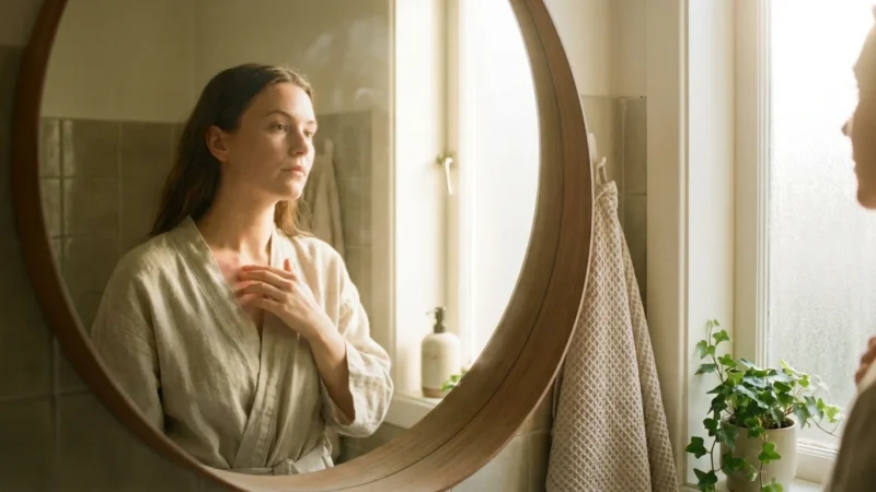 A woman looks in a bathroom mirror and touches a faint stress-related rash on her neck in the morning light.