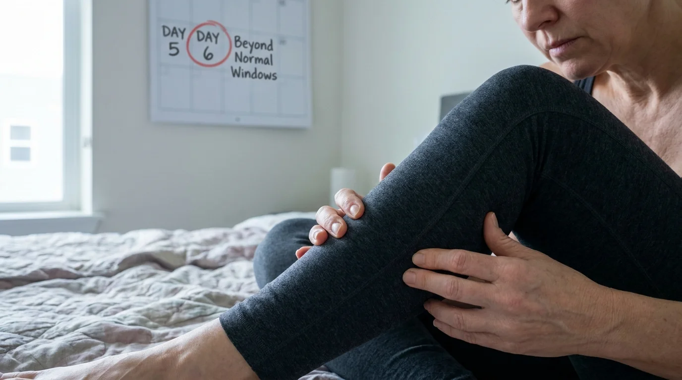 A woman massages her leg muscle while sitting on her bed, highlighting the discomfort of lingering soreness.