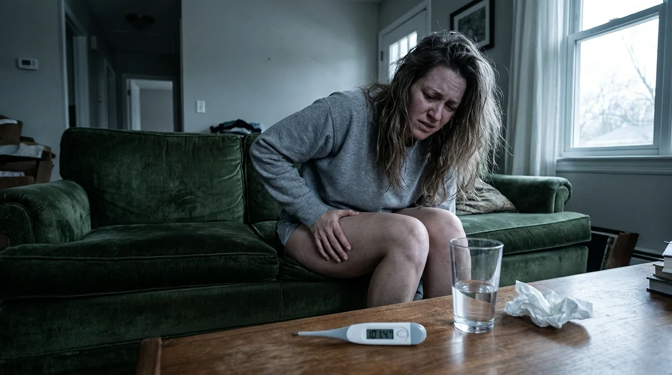 A woman resting on a sofa with a thermometer on the table, illustrating the early flu-like symptoms of hantavirus.