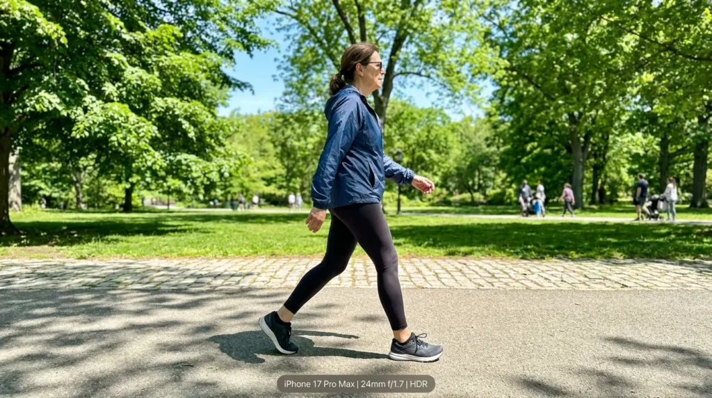 A woman walking briskly through a sunny park, illustrating moderate, consistent physical activity.