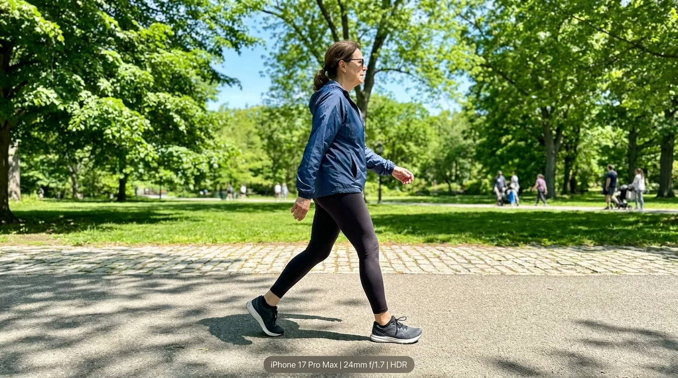 A woman walking briskly through a sunny park, illustrating moderate, consistent physical activity.