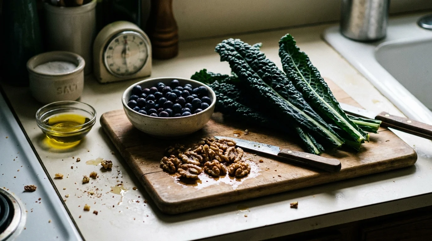A wooden cutting board with walnuts, blueberries, and kale, focusing on nutrient-dense foods for repair.