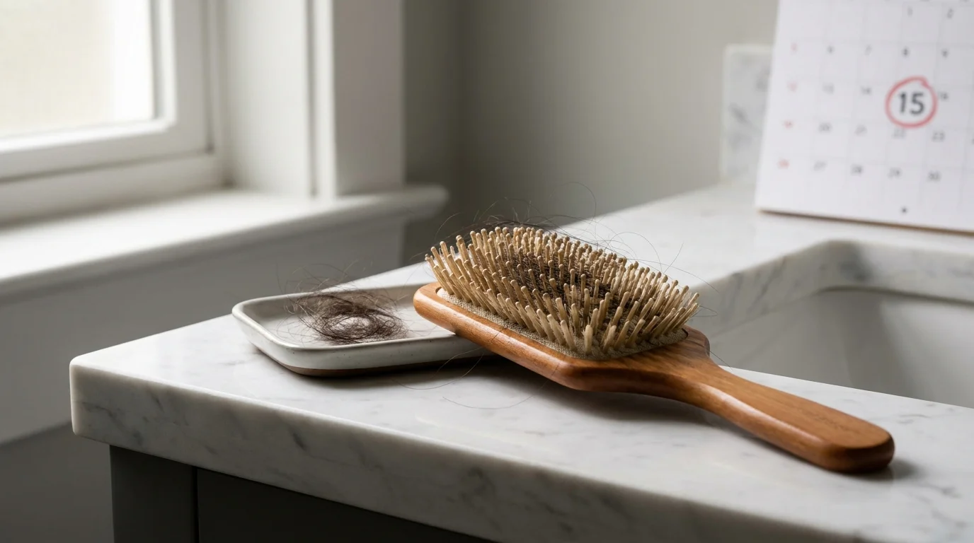A wooden hairbrush with several strands of hair sits on a bathroom counter next to a ceramic tray.
